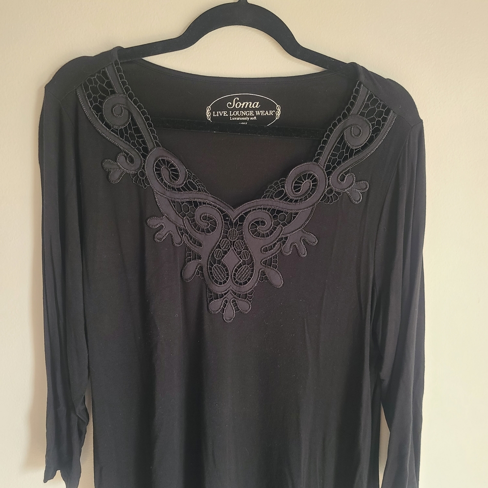 Soma Luxe Lounge Black Tunic Top with Lace Detail